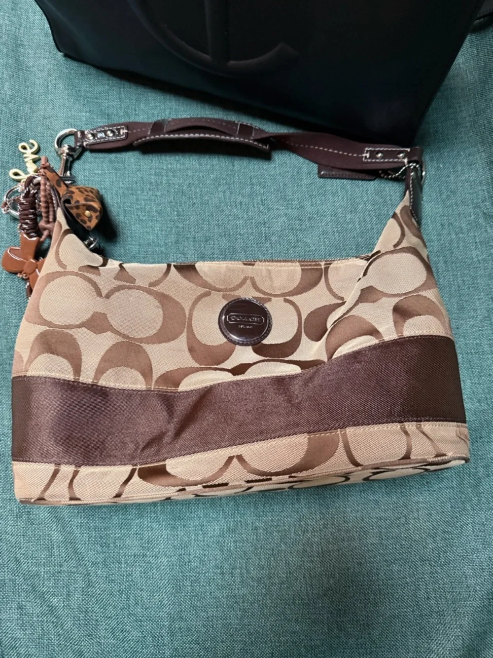 Coach Signature Stripe Hobo Bag F1182-F17434 Canvas Leather Medium - Picture 2 of 8